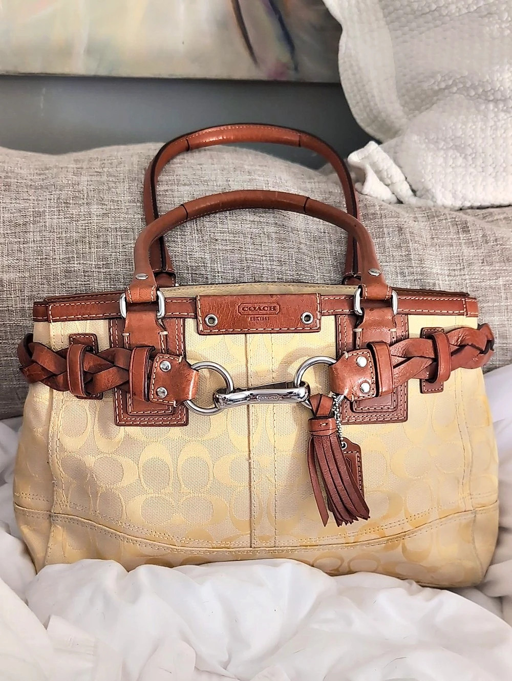 Coach Hamptons Signature Braided Carryall Shoulder Bag Yellow & Brown